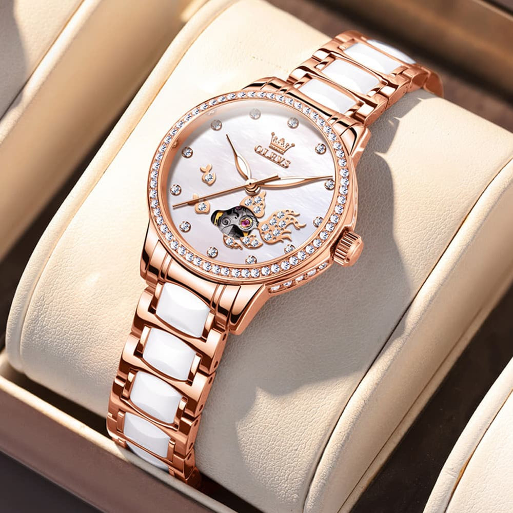 OLEVS 7001 Koi Skeleton Ceramic Mechanical Watch for Women - Rose Gold White Dial Watch | Olevs Watch Store