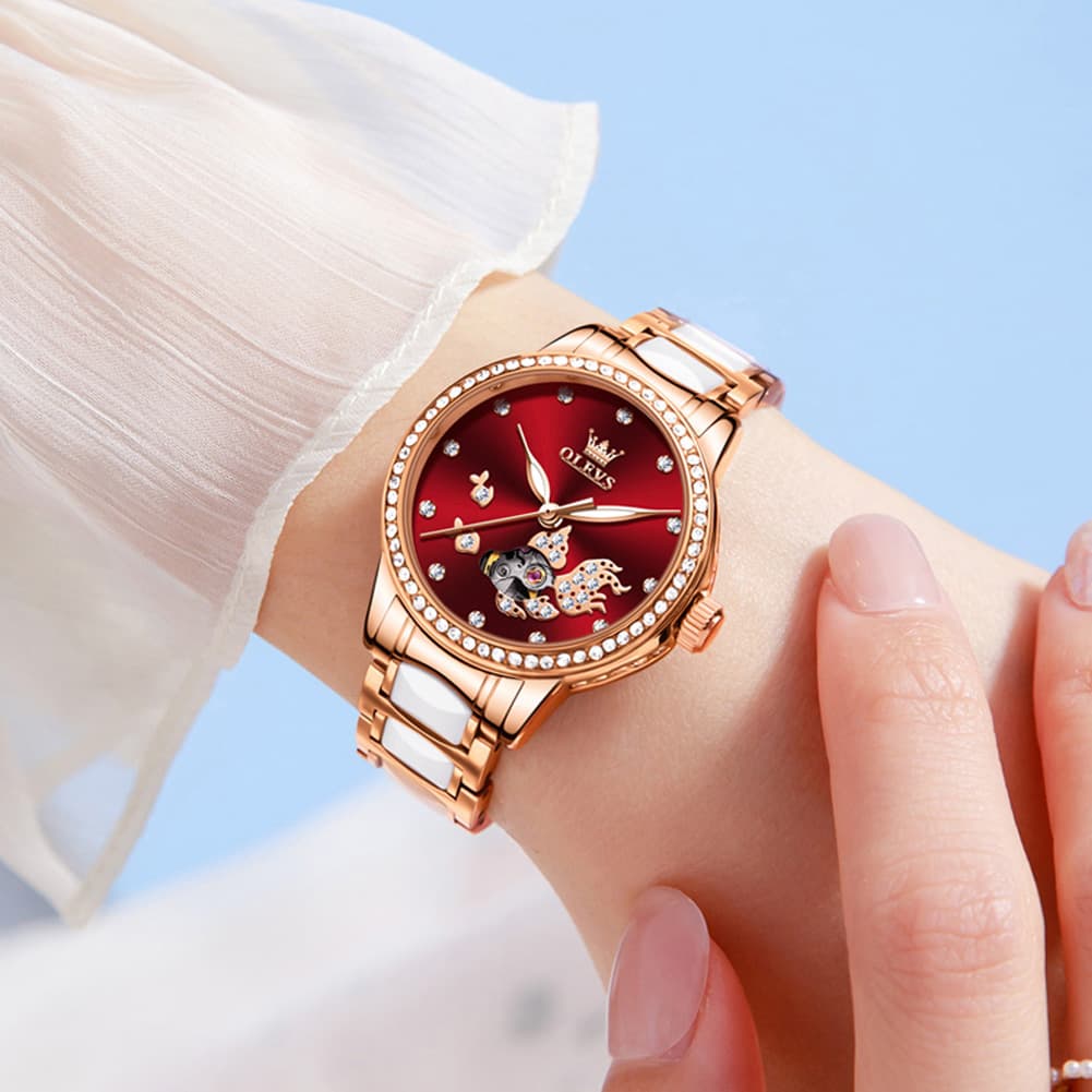 OLEVS 7001 Koi Skeleton Ceramic Mechanical Watch for Women - Rose Gold White Dial Watch | Olevs Watch Store