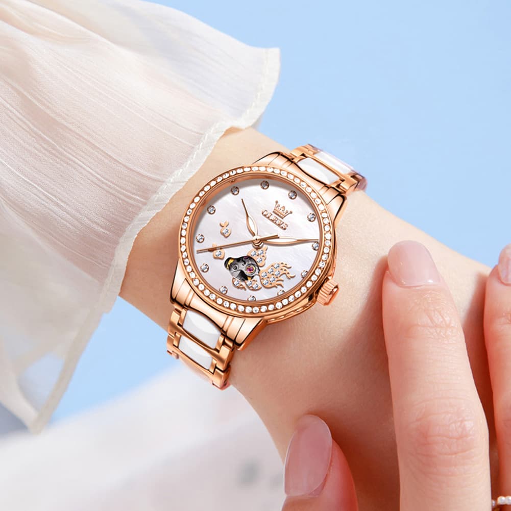 OLEVS 7001 Koi Skeleton Ceramic Mechanical Watch for Women - Rose Gold White Dial Watch | Olevs Watch Store
