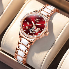 OLEVS 7001 Koi Skeleton Ceramic Mechanical Watch for Women - Rose Gold White Dial Watch | Olevs Watch Store