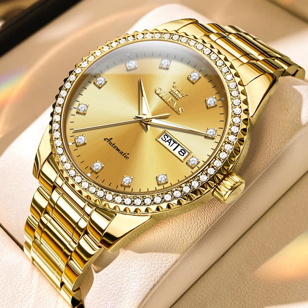 OLEVS 7003 Diamond Bezel Day Date Mechanical Watch for Men - All Gold Watch | Olevs Watch Store