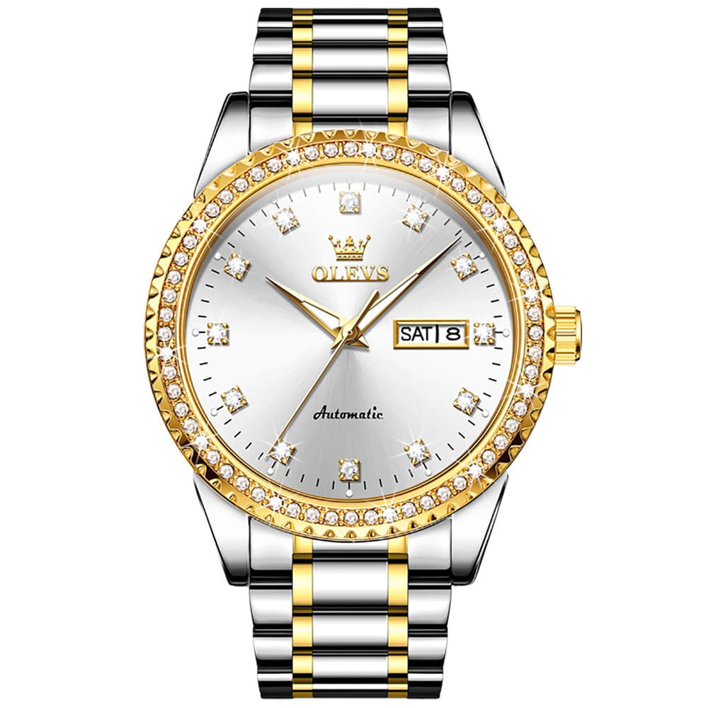 OLEVS 7003 Diamond Bezel Day Date Mechanical Watch for Men - All Gold Watch | Olevs Watch Store
