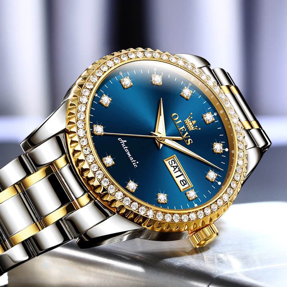 OLEVS 7003 Diamond Bezel Day Date Mechanical Watch for Men - All Gold Watch | Olevs Watch Store