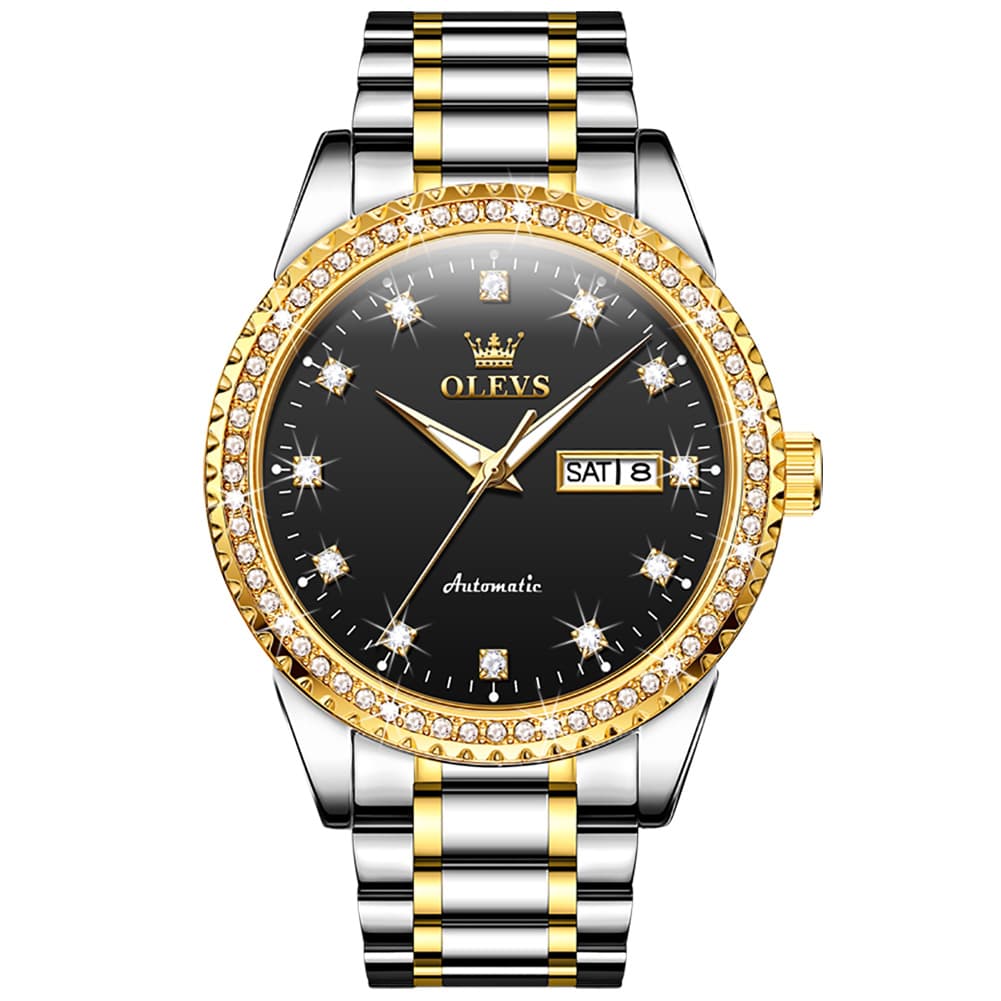 OLEVS 7003 Diamond Bezel Day Date Mechanical Watch for Men - All Gold Watch | Olevs Watch Store