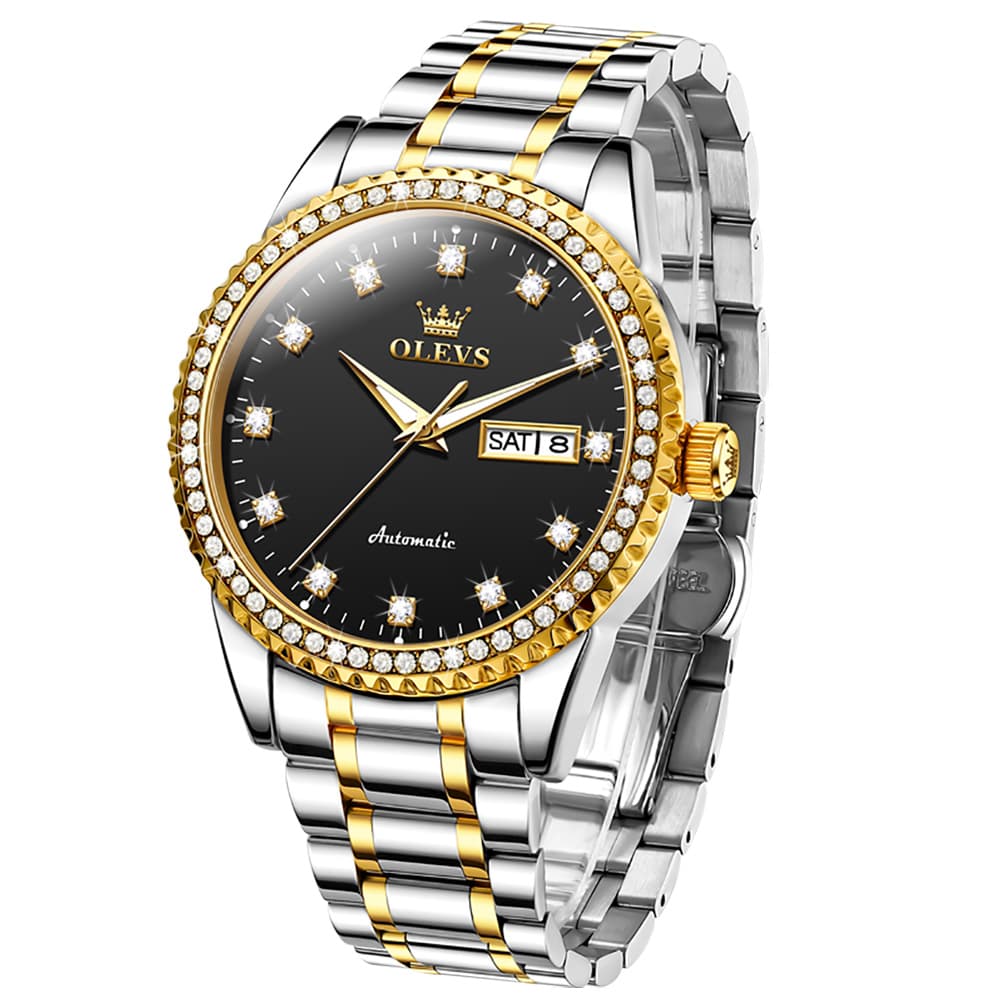 OLEVS 7003 Diamond Bezel Day Date Mechanical Watch for Men - All Gold Watch | Olevs Watch Store