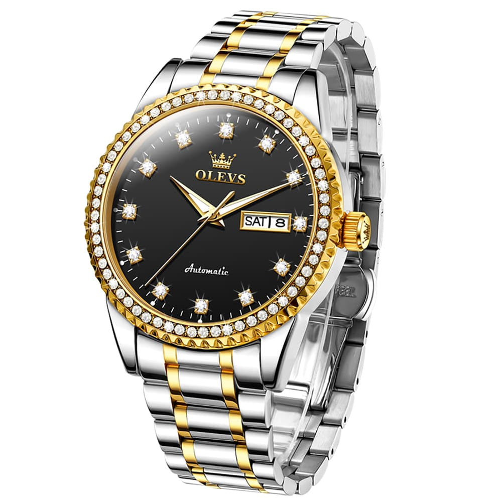 OLEVS 7003 Diamond Bezel Day Date Mechanical Watch for Men - All Gold Watch | Olevs Watch Store