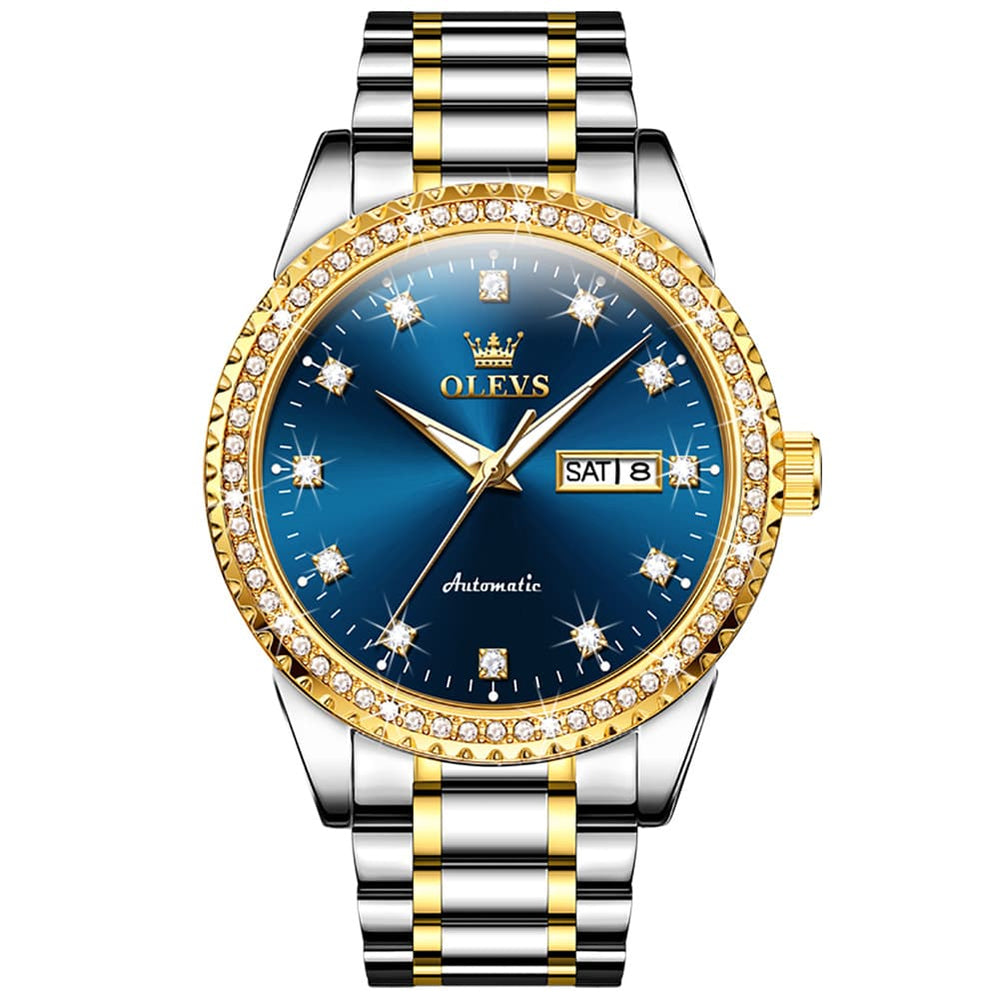 OLEVS 7003 Diamond Bezel Day Date Mechanical Watch for Men - All Gold Watch | Olevs Watch Store