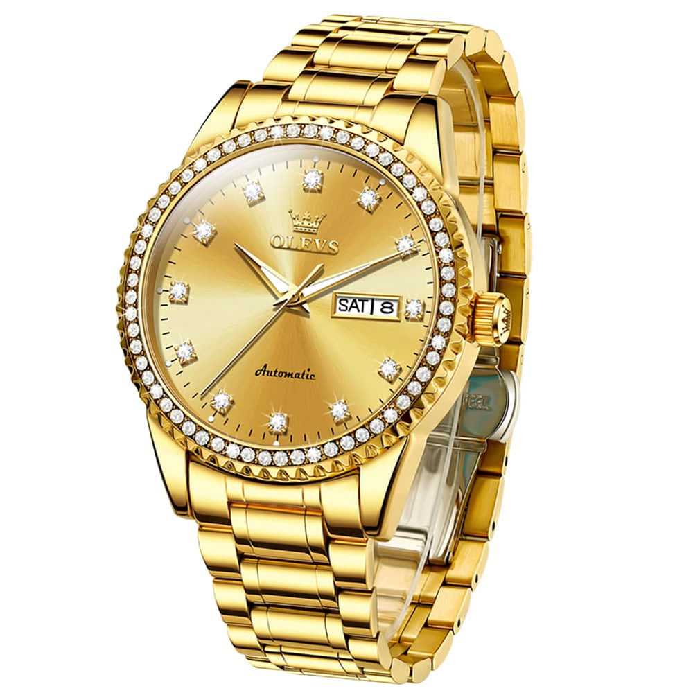 OLEVS 7003 Diamond Bezel Day Date Mechanical Watch for Men - All Gold Watch | Olevs Watch Store