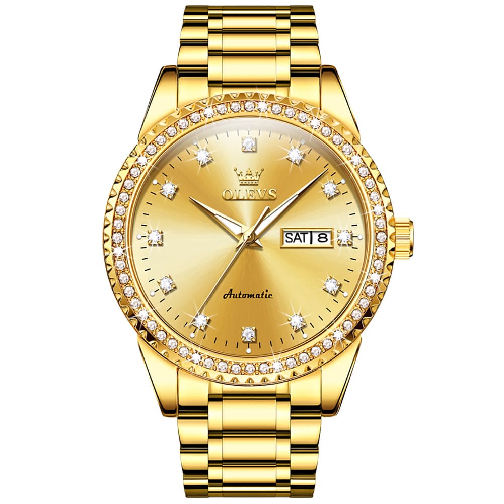 OLEVS 7003 Diamond Bezel Day Date Mechanical Watch for Men - All Gold Watch | Olevs Watch Store