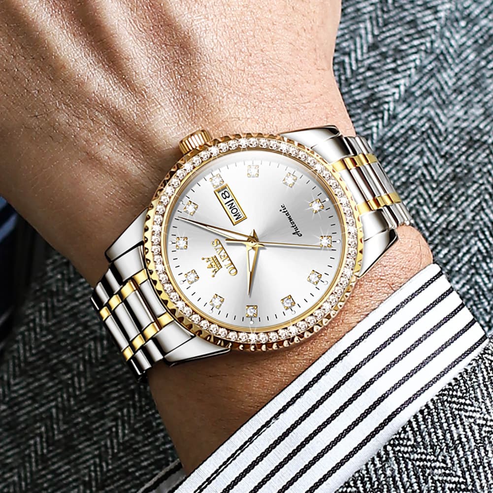 OLEVS 7003 Diamond Bezel Day Date Mechanical Watch for Men - All Gold Watch | Olevs Watch Store