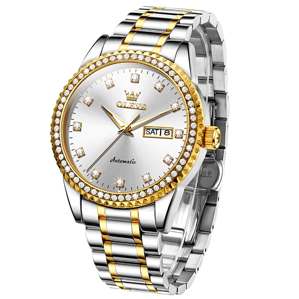 OLEVS 7003 Diamond Bezel Day Date Mechanical Watch for Men - All Gold Watch | Olevs Watch Store