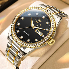 OLEVS 7003 Diamond Bezel Day Date Mechanical Watch for Men - Two Tone Black Watch | Olevs Watch Store