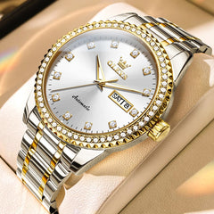 OLEVS 7003 Diamond Bezel Day Date Mechanical Watch for Men - Two Tone White Watch | Olevs Watch Store