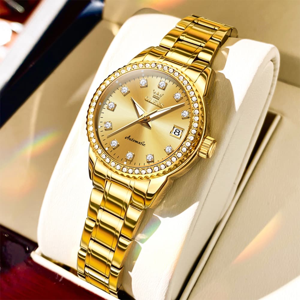 OLEVS 7003N Diamond Bezel Date Mechanical Watch for Women - All Gold Watch | Olevs Watch Store