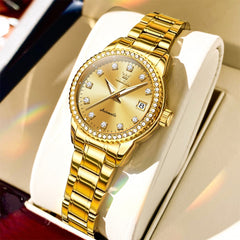 OLEVS 7003N Diamond Bezel Date Mechanical Watch for Women - All Gold Watch | Olevs Watch Store