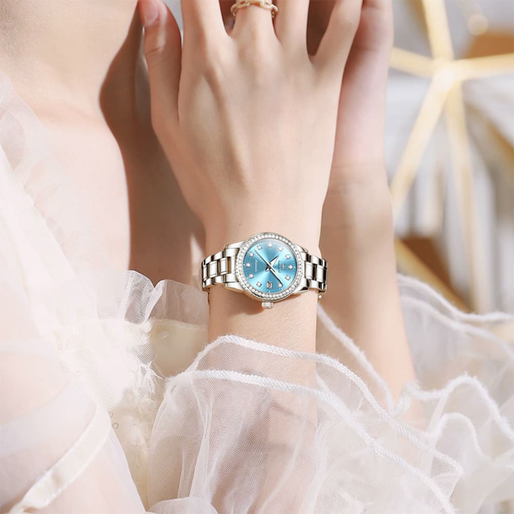 OLEVS 7003N Diamond Bezel Date Mechanical Watch for Women - Silver White Watch | Olevs Watch Store