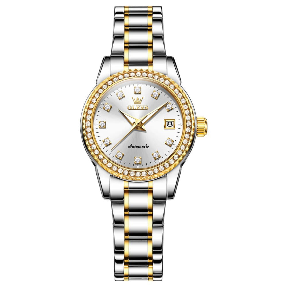 OLEVS 7003N Diamond Bezel Date Mechanical Watch for Women - Silver White Watch | Olevs Watch Store