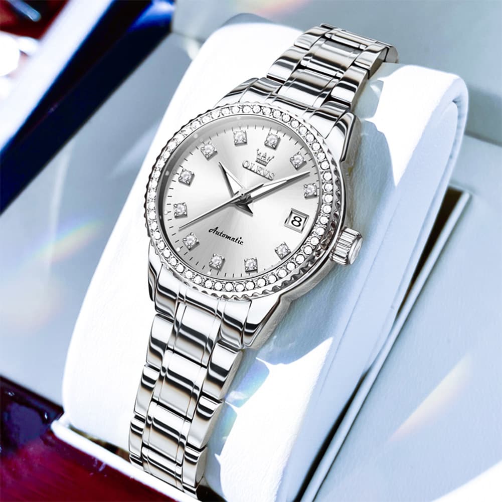 OLEVS 7003N Diamond Bezel Date Mechanical Watch for Women - Silver White Watch | Olevs Watch Store