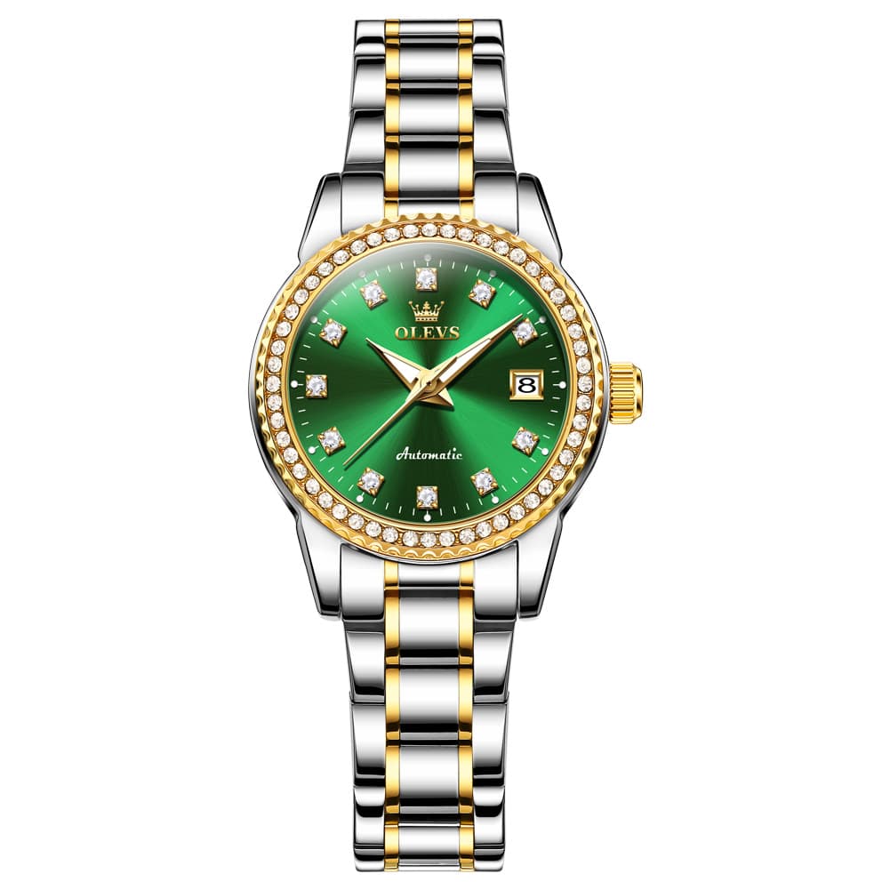 OLEVS 7003N Diamond Bezel Date Mechanical Watch for Women - Silver White Watch | Olevs Watch Store