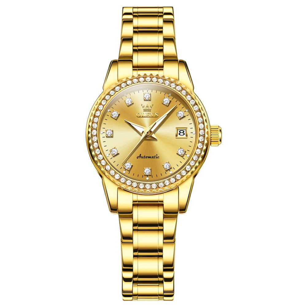 OLEVS 7003N Diamond Bezel Date Mechanical Watch for Women - Silver White Watch | Olevs Watch Store