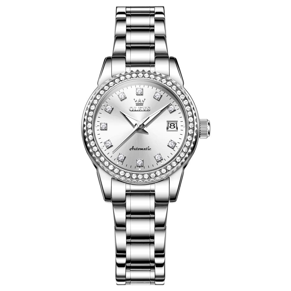 OLEVS 7003N Diamond Bezel Date Mechanical Watch for Women - Silver White Watch | Olevs Watch Store