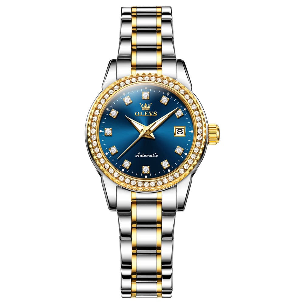 OLEVS 7003N Diamond Bezel Date Mechanical Watch for Women - Silver White Watch | Olevs Watch Store