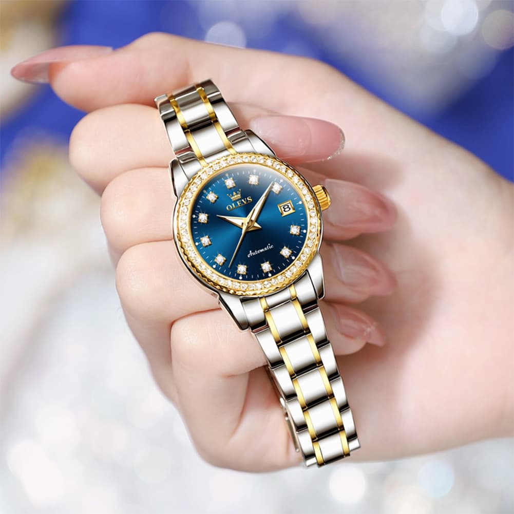 OLEVS 7003N Diamond Bezel Date Mechanical Watch for Women - Silver White Watch | Olevs Watch Store