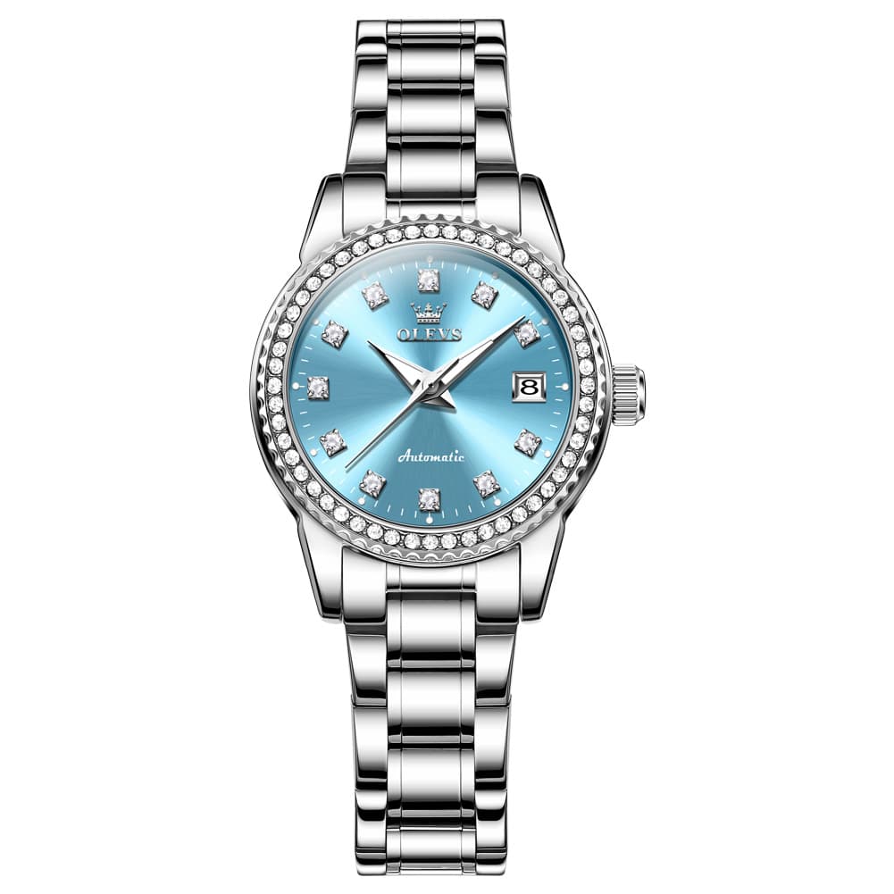 OLEVS 7003N Diamond Bezel Date Mechanical Watch for Women - Silver White Watch | Olevs Watch Store