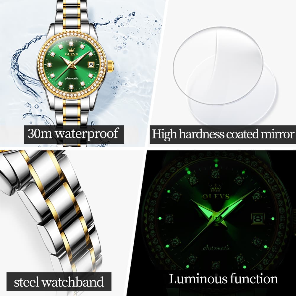 OLEVS 7003N Diamond Bezel Date Mechanical Watch for Women - Silver White Watch | Olevs Watch Store