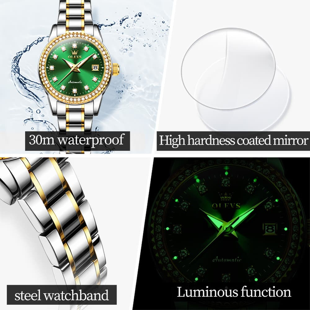 OLEVS 7003N Diamond Bezel Date Mechanical Watch for Women - Silver White Watch | Olevs Watch Store