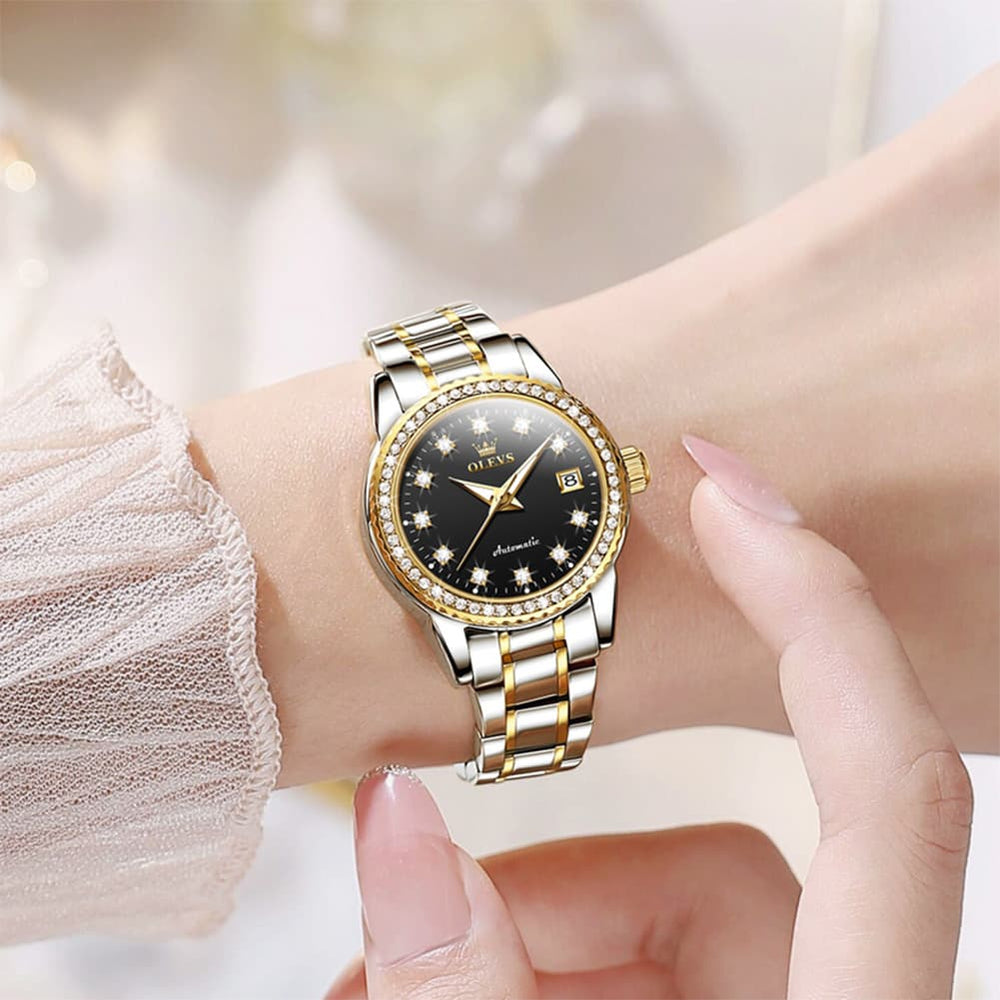 OLEVS 7003N Diamond Bezel Date Mechanical Watch for Women - Silver White Watch | Olevs Watch Store