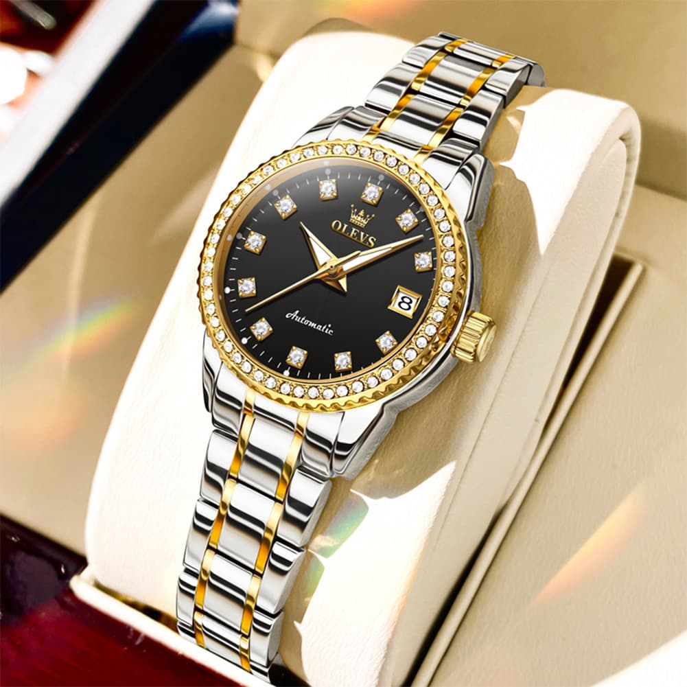 OLEVS 7003N Diamond Bezel Date Mechanical Watch for Women - Two Tone Black Watch | Olevs Watch Store