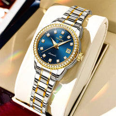 OLEVS 7003N Diamond Bezel Date Mechanical Watch for Women - Two Tone Blue Watch | Olevs Watch Store