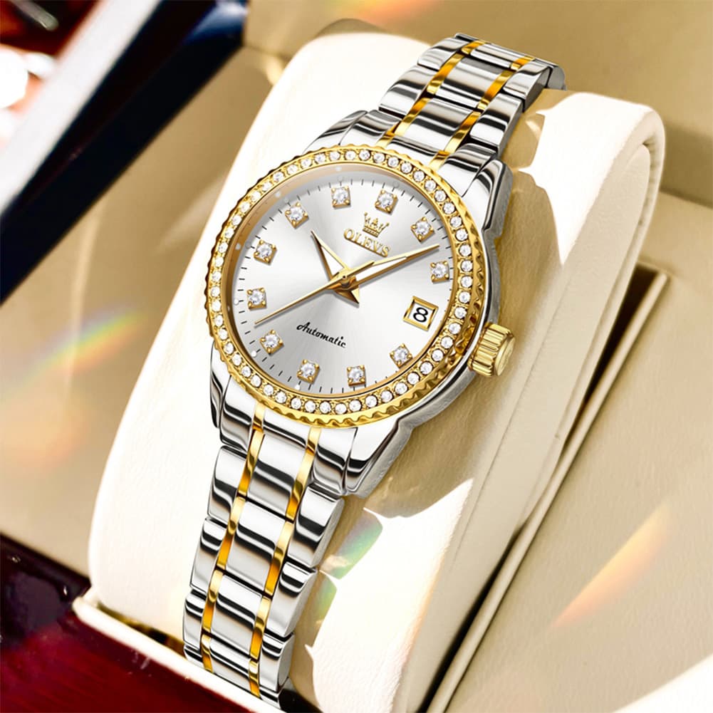OLEVS 7003N Diamond Bezel Date Mechanical Watch for Women - Two Tone White Watch | Olevs Watch Store