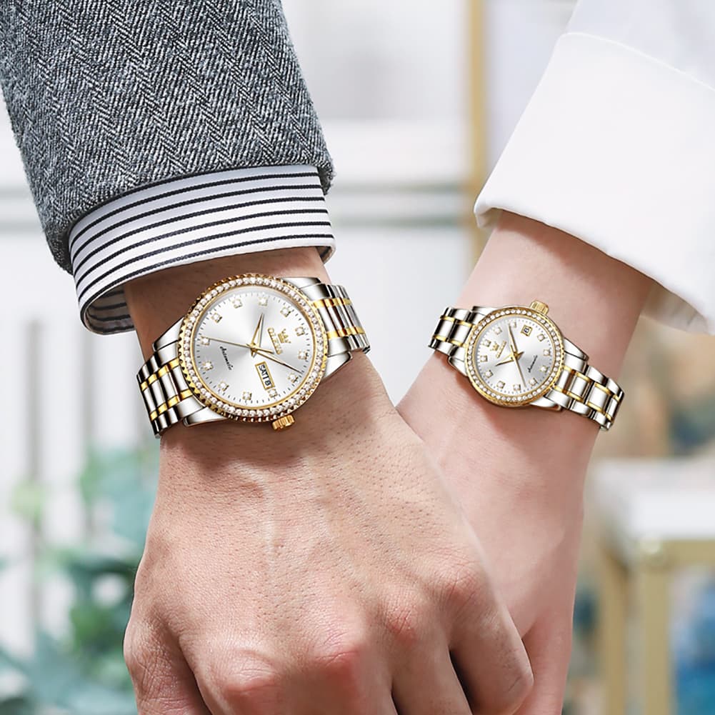 OLEVS 7003Q Diamond Bezel Automatic Couple Watch Set - All Gold Watch | Olevs Watch Store