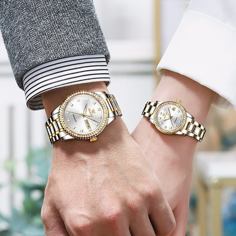 OLEVS 7003Q Diamond Bezel Automatic Couple Watch Set - All Gold Watch | Olevs Watch Store