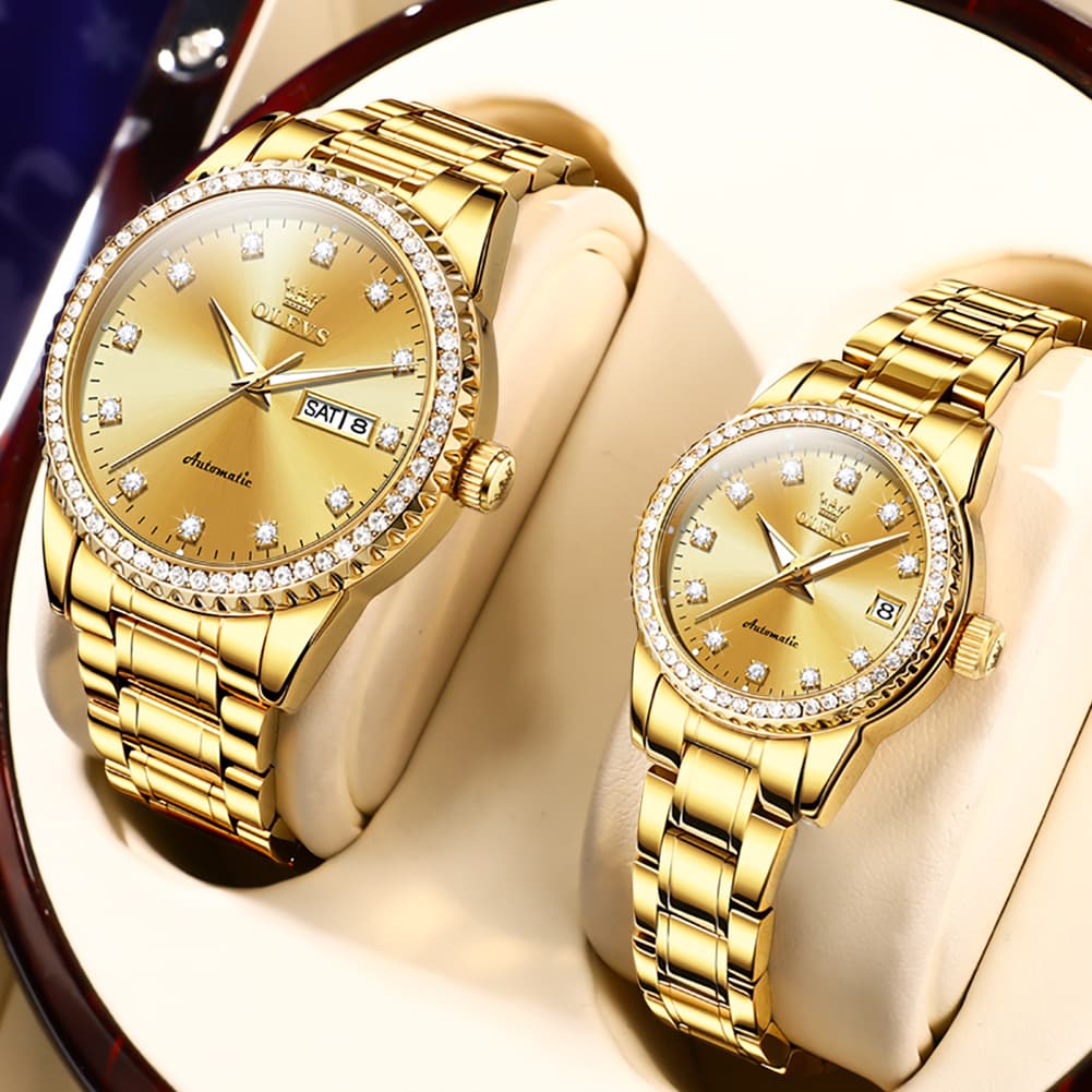 OLEVS 7003Q Diamond Bezel Automatic Couple Watch Set - All Gold Watch | Olevs Watch Store
