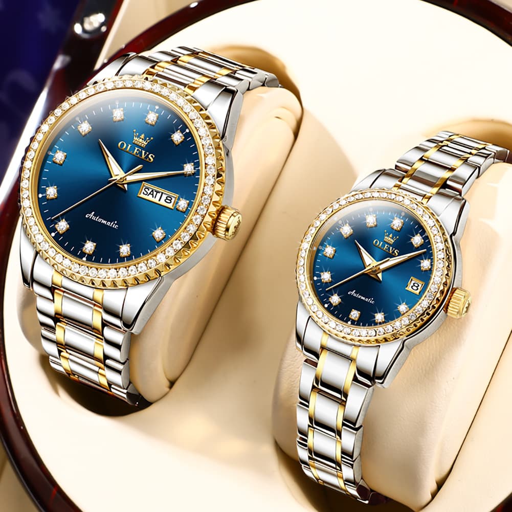 OLEVS 7003Q Diamond Bezel Automatic Couple Watch Set - All Gold Watch | Olevs Watch Store