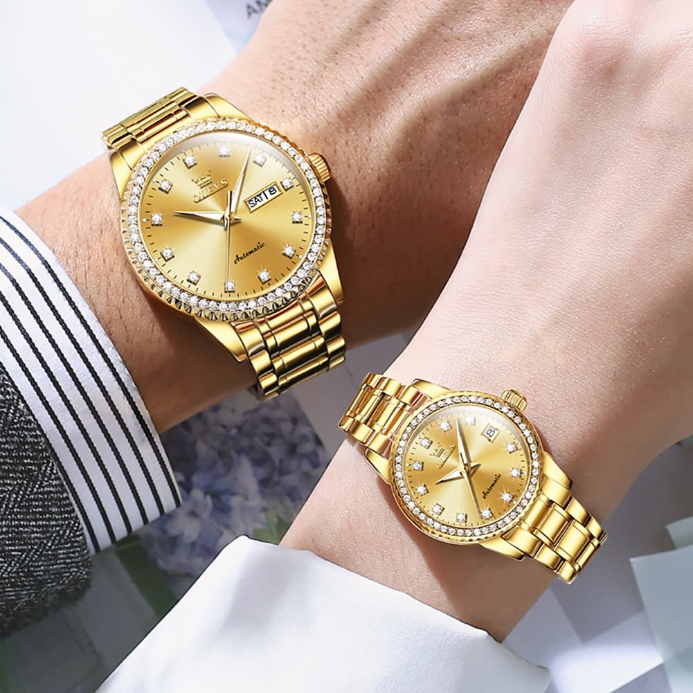 OLEVS 7003Q Diamond Bezel Automatic Couple Watch Set - All Gold Watch | Olevs Watch Store