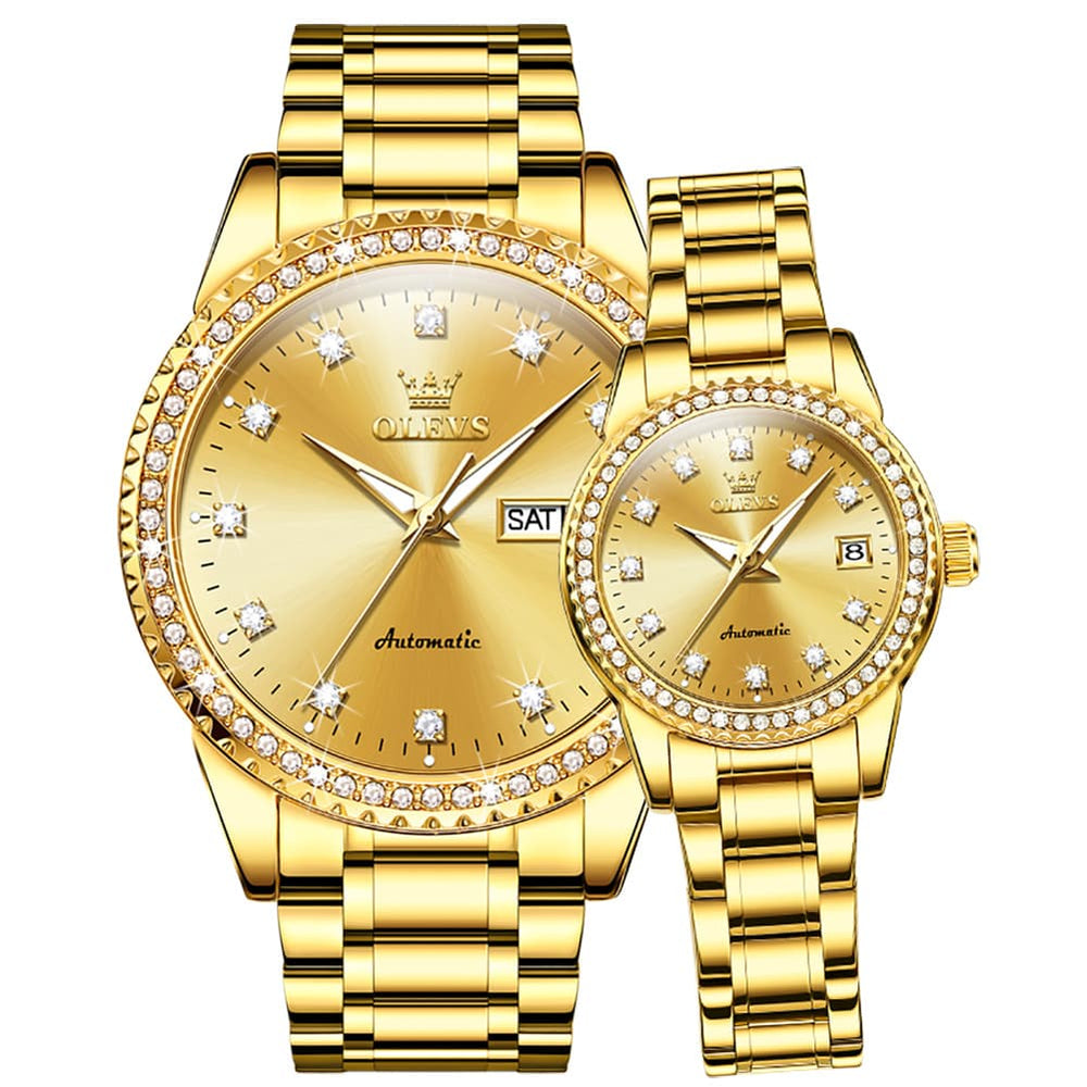 OLEVS 7003Q Diamond Bezel Automatic Couple Watch Set - All Gold Watch | Olevs Watch Store