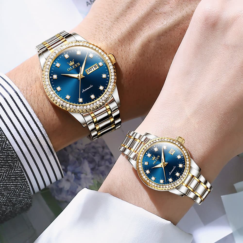 OLEVS 7003Q Diamond Bezel Automatic Couple Watch Set - All Gold Watch | Olevs Watch Store