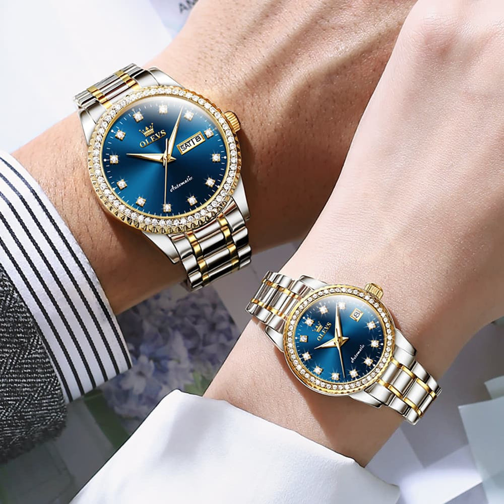OLEVS 7003Q Diamond Bezel Automatic Couple Watch Set - All Gold Watch | Olevs Watch Store