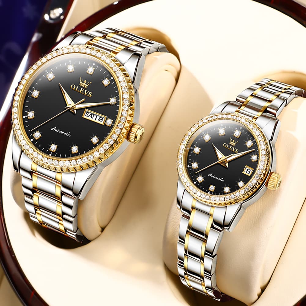 OLEVS 7003Q Diamond Bezel Automatic Couple Watch Set - All Gold Watch | Olevs Watch Store