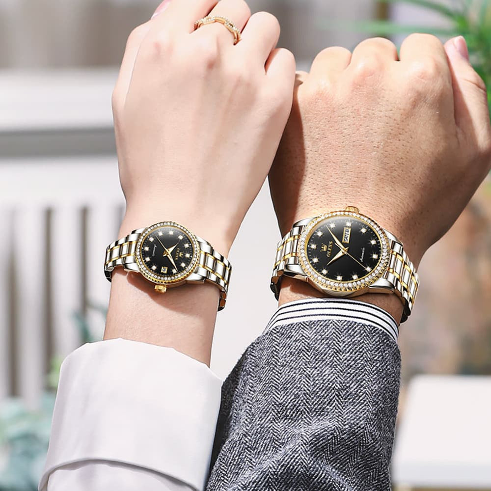 OLEVS 7003Q Diamond Bezel Automatic Couple Watch Set - All Gold Watch | Olevs Watch Store