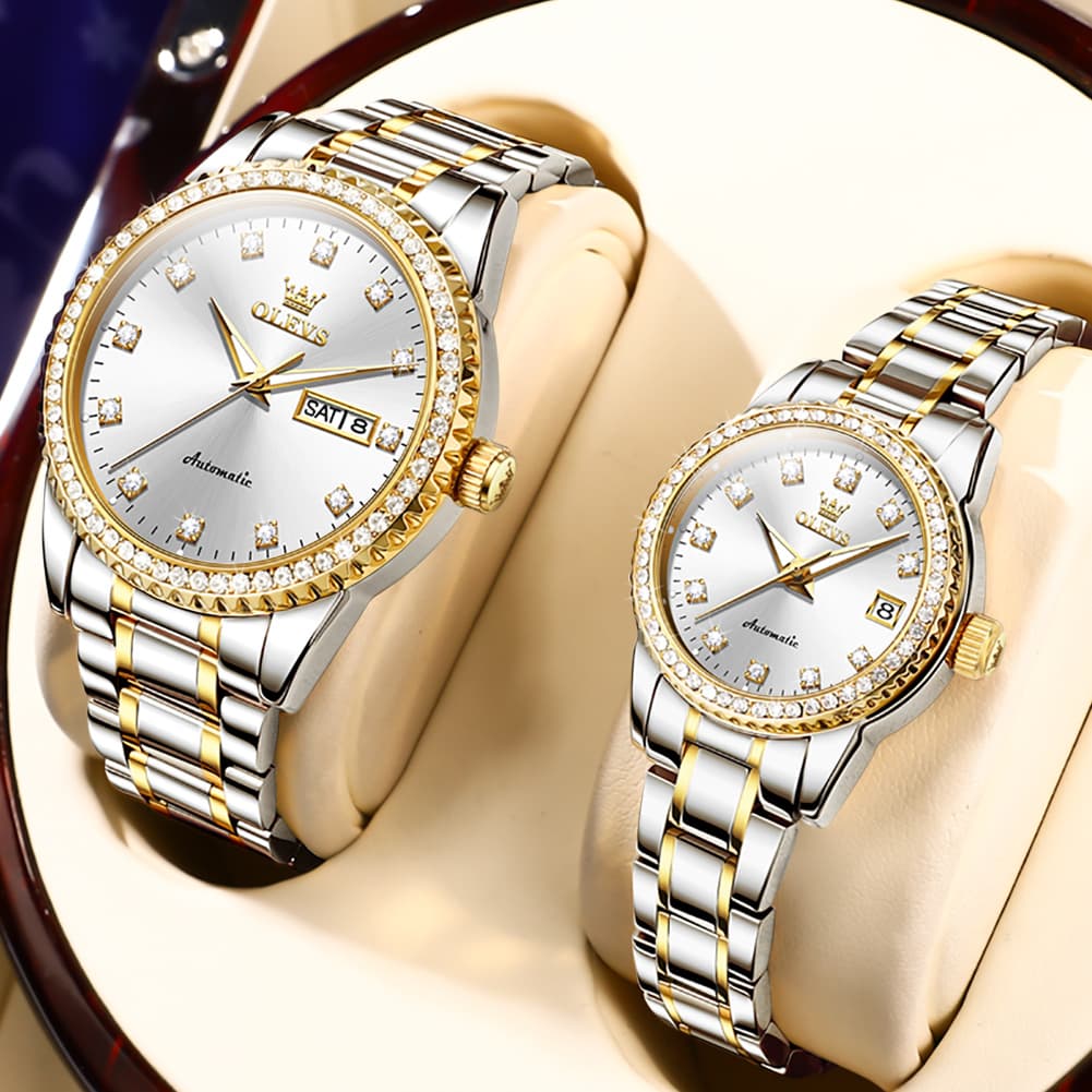 OLEVS 7003Q Diamond Bezel Automatic Couple Watch Set - All Gold Watch | Olevs Watch Store
