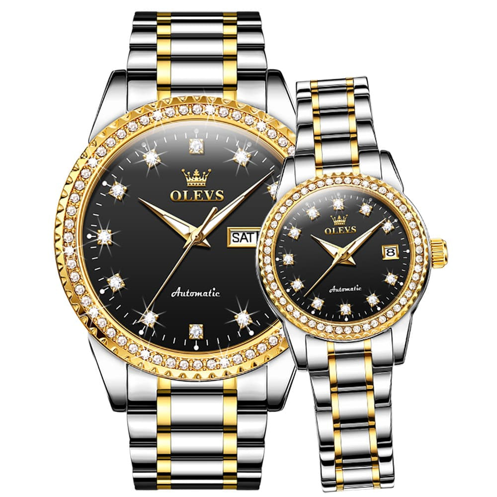OLEVS 7003Q Diamond Bezel Automatic Couple Watch Set - Two Tone Black Watch | Olevs Watch Store