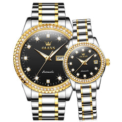 OLEVS 7003Q Diamond Bezel Automatic Couple Watch Set - Two Tone Black Watch | Olevs Watch Store