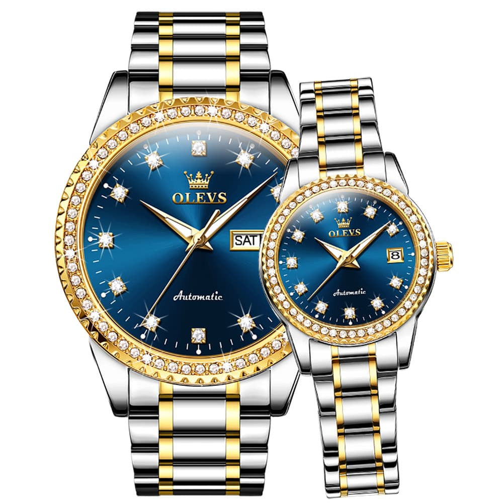 OLEVS 7003Q Diamond Bezel Automatic Couple Watch Set - Two Tone Blue Watch | Olevs Watch Store