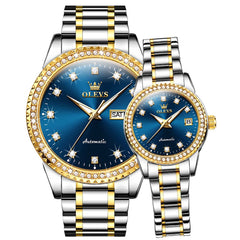 OLEVS 7003Q Diamond Bezel Automatic Couple Watch Set - Two Tone Blue Watch | Olevs Watch Store