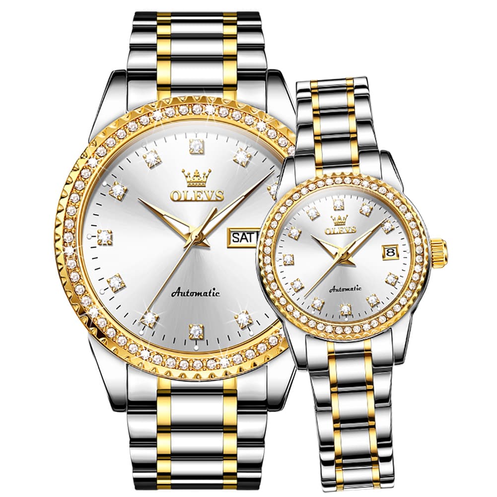 OLEVS 7003Q Diamond Bezel Automatic Couple Watch Set - Two Tone White Watch | Olevs Watch Store